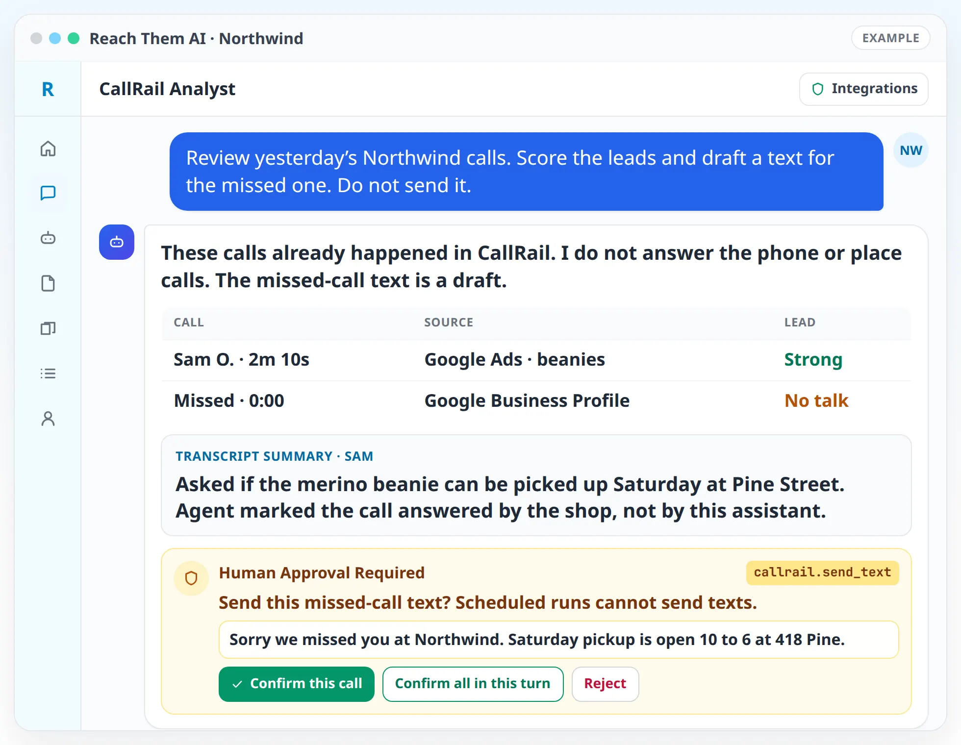 Reach Them AI chat with the CallRail Analyst showing a sample Northwind call list, transcript summary, lead score, and a missed-call text waiting for approval. The agent does not answer calls.