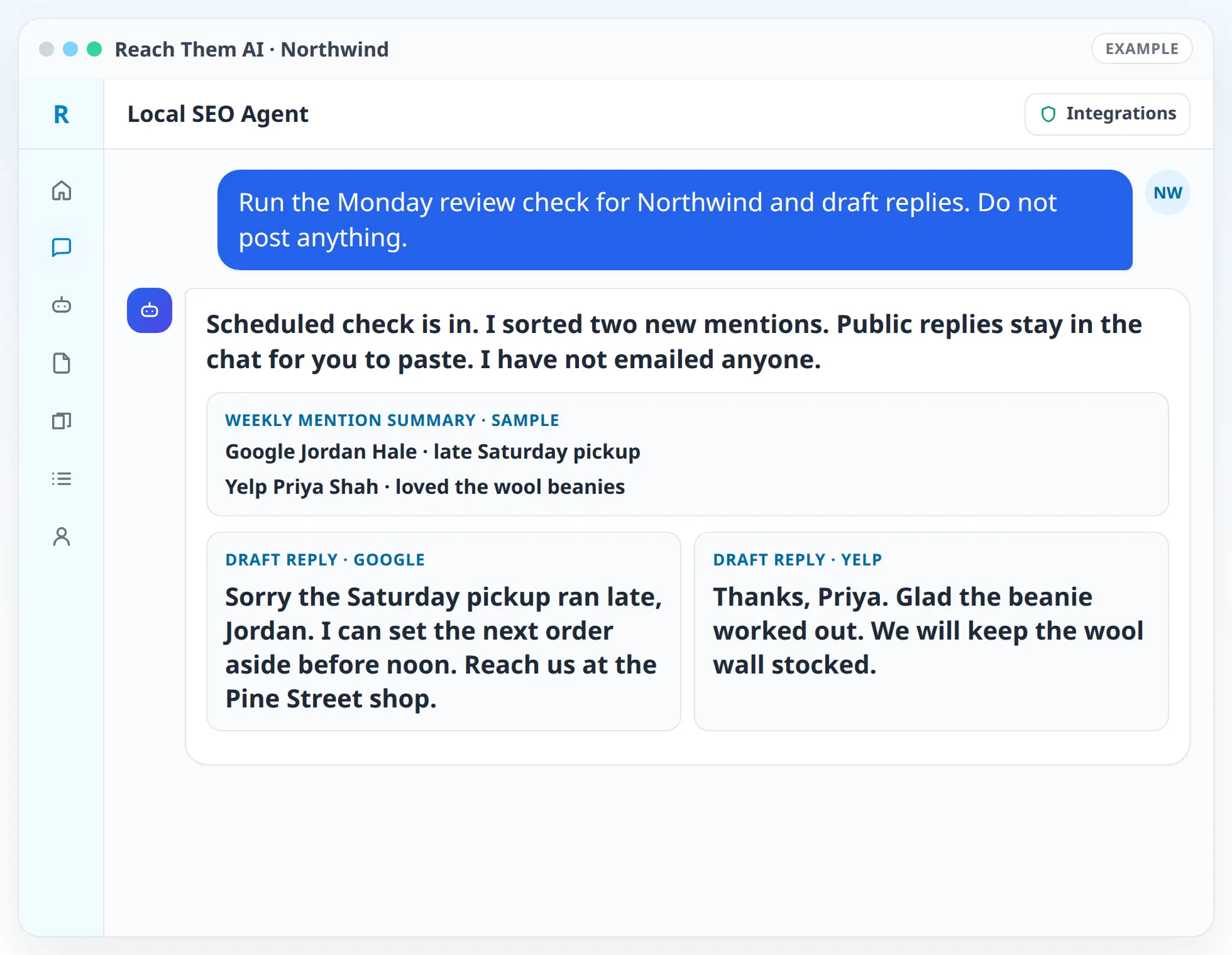 Reach Them AI chat with the Local SEO Agent showing a sample Northwind review check and drafted replies that you post yourself.