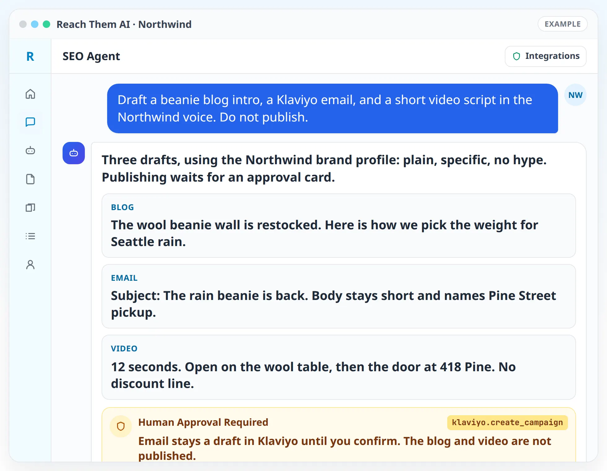 Reach Them AI chat with the SEO Agent showing sample Northwind blog, email, and video drafts, with email send waiting for approval.