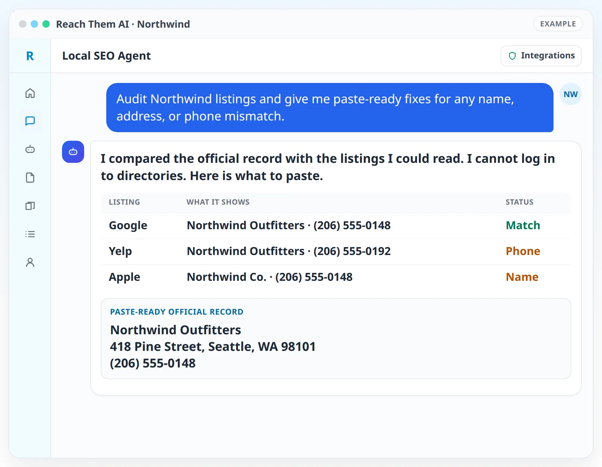 Reach Them AI chat with the Local SEO Agent showing a sample Northwind listing audit, NAP mismatches, and paste-ready fixes.
