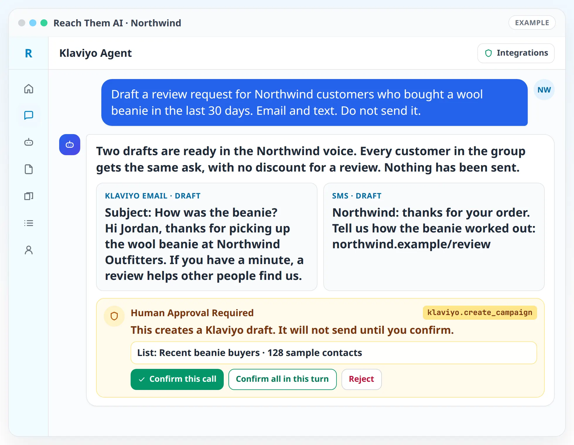 Reach Them AI chat with the Klaviyo Agent showing a sample Northwind review-request email and text, waiting on an approval card before anything sends.