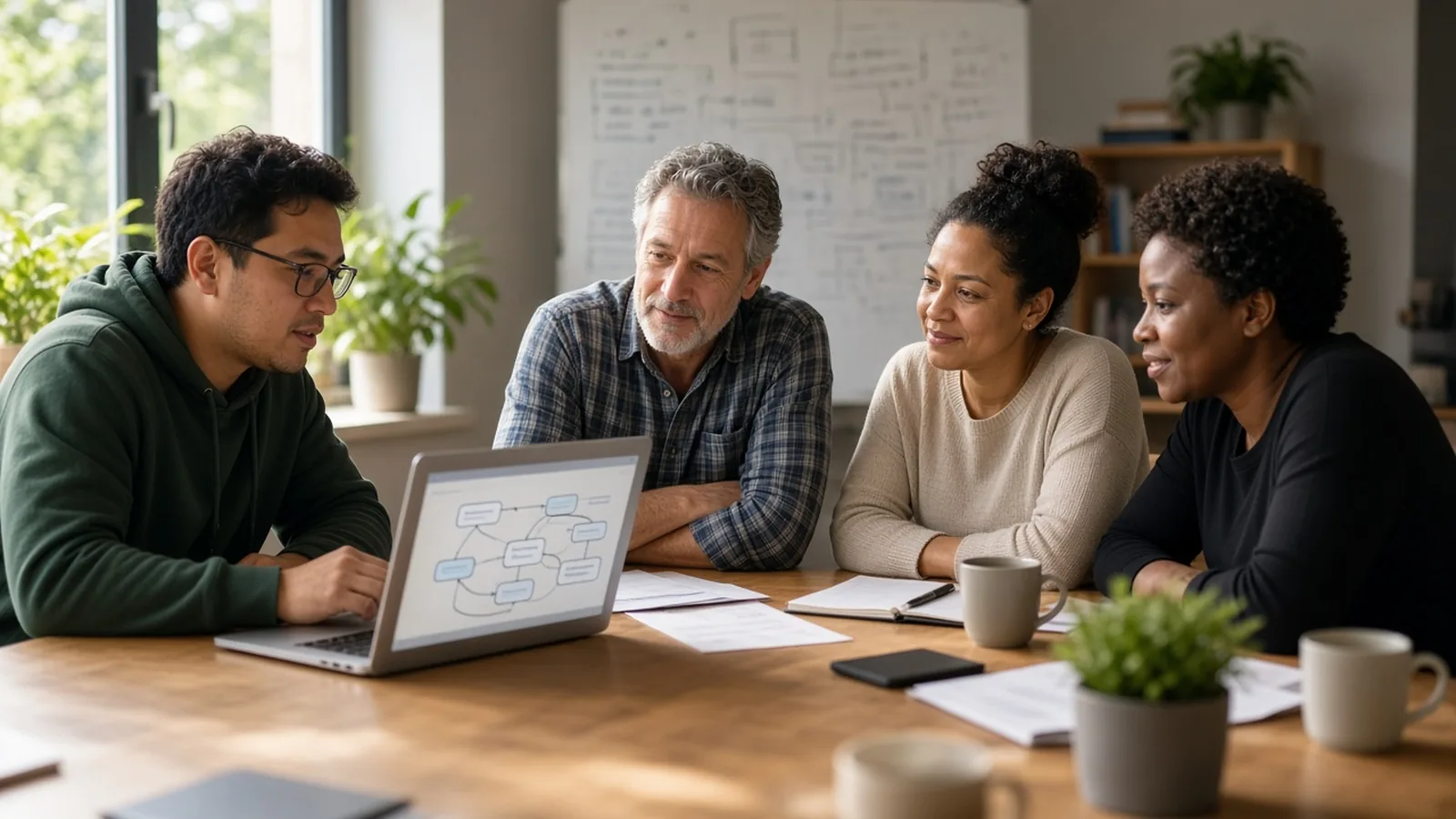 Forward deployed engineer working with a small business team at their office table, reviewing an AI workflow on a laptop
